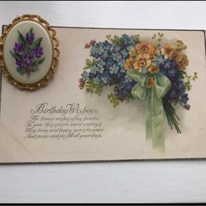 Vintage Floral Brooch with Vintage Birthday PostCard